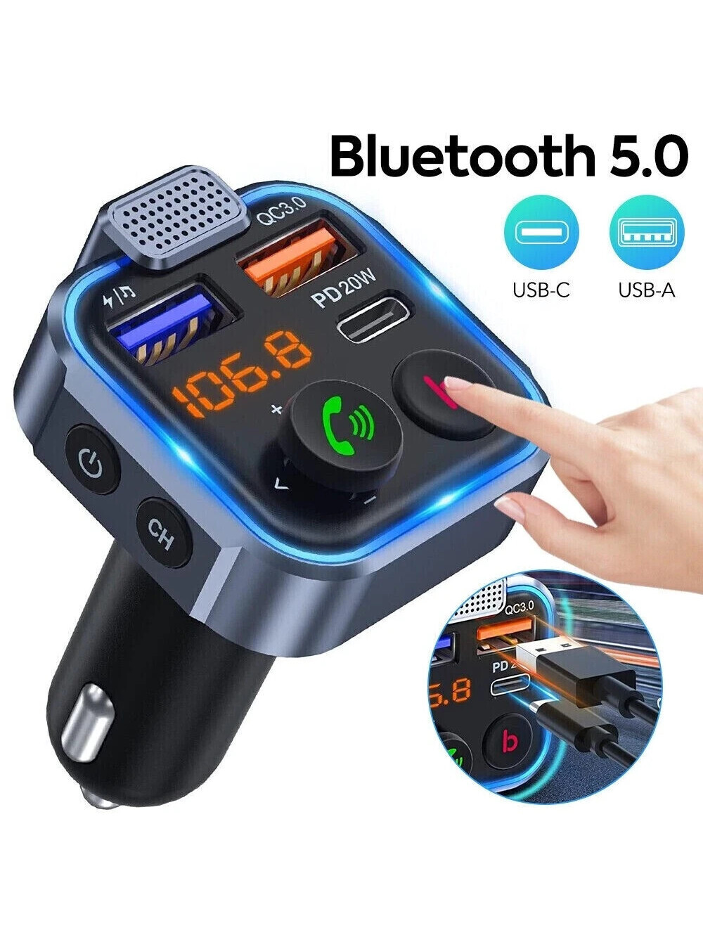 LENCENT FM Transmitter Wireless Bluetooth 5.0 Handsfree Car Kit Audio MP3 Player